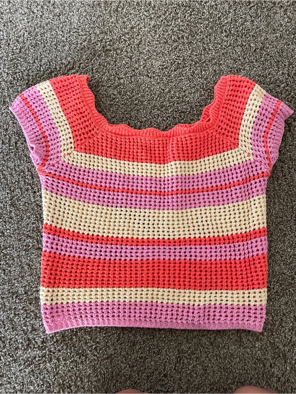 Full Tilt Coral, Pink & Cream Crochet Striped Top